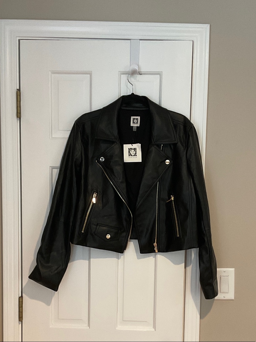 Anne Klein Black Faux Leather Moto Jacket with Gold Hardware